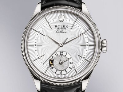 Rolex Cellini Dual Time White Gold Silver Guilloche Index Dial Domed & Fluted Double Bezel Black Leather Bracelet Men’s Watch